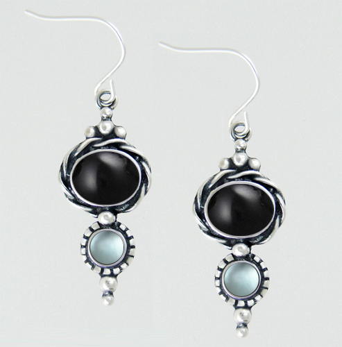 Sterling Silver Drop Dangle Earrings With Black Onyx And Blue Topaz